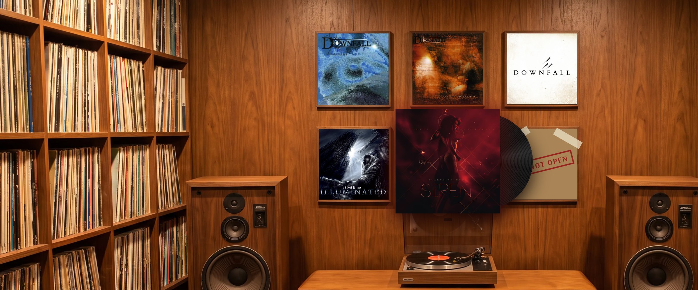 Blackstar Halo records framed on the wall of a listening room; Siren is taken down with its vinyl sliding out