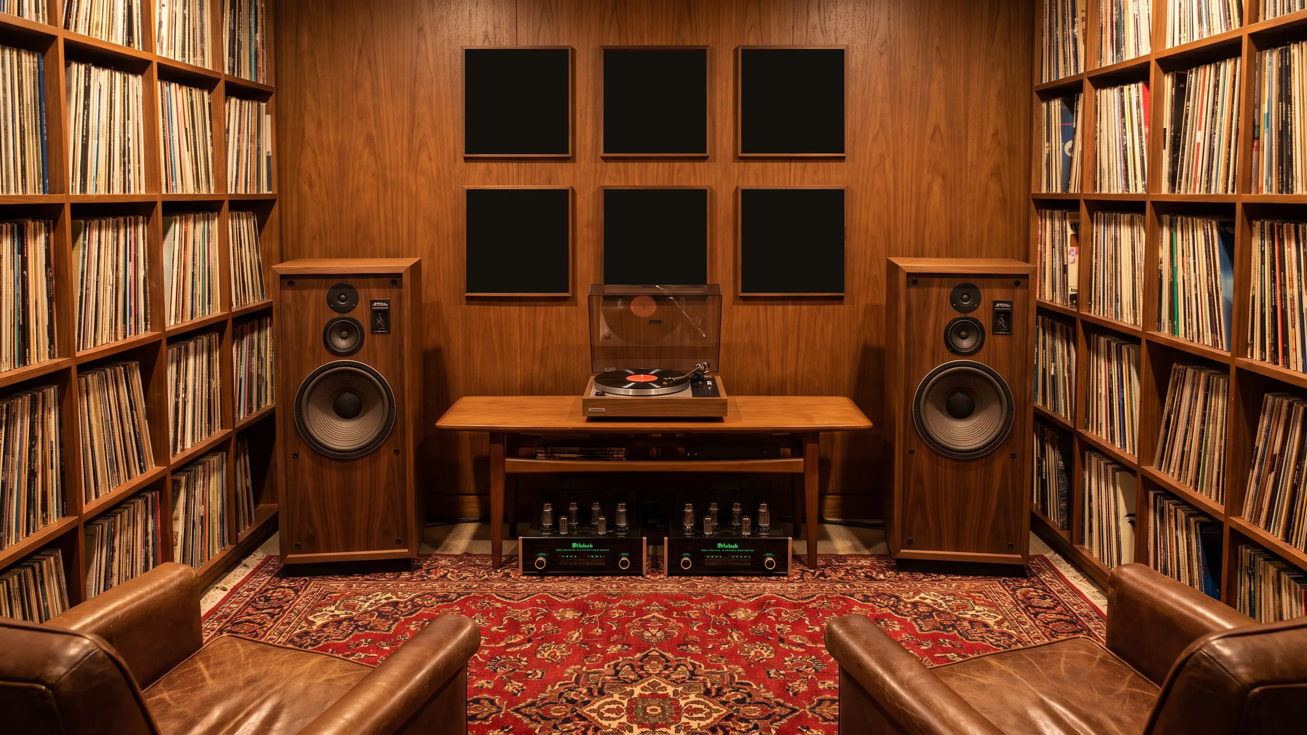 A listening room: record shelves, two speakers and a turntable below six framed records